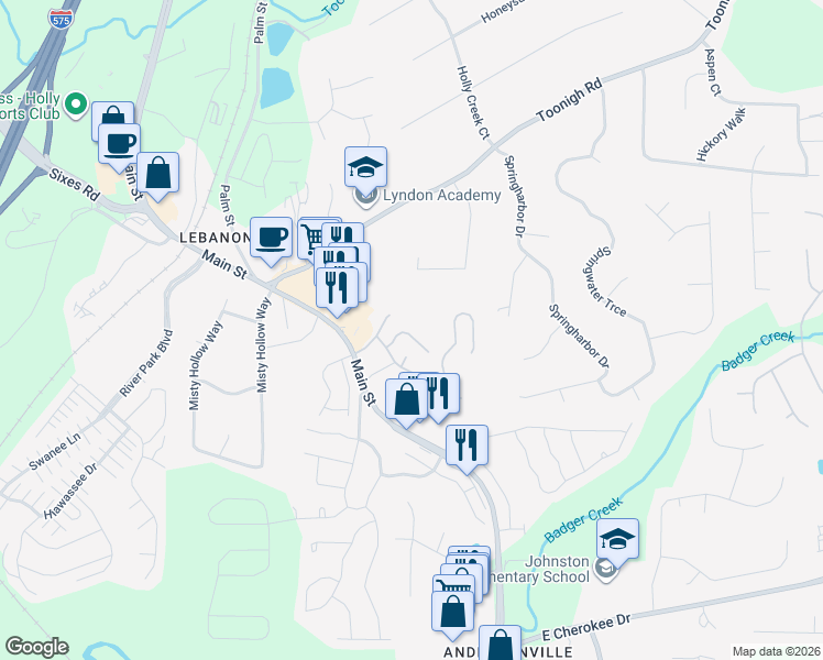map of restaurants, bars, coffee shops, grocery stores, and more near 427 Red Coat Lane in Woodstock