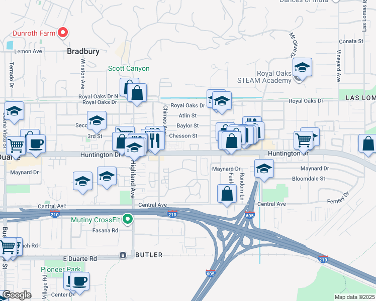 map of restaurants, bars, coffee shops, grocery stores, and more near 2005 Windsor Circle in Duarte