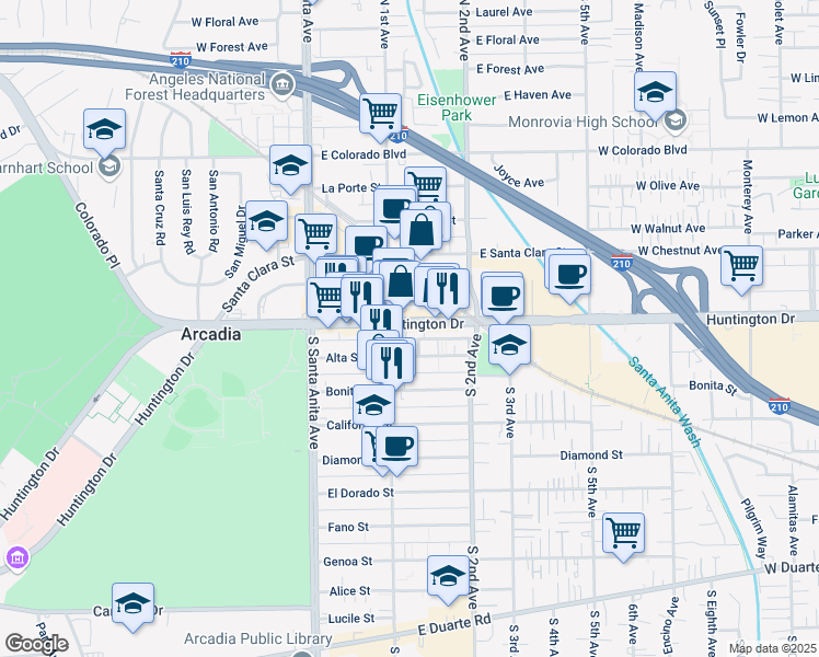 map of restaurants, bars, coffee shops, grocery stores, and more near 118 East Huntington Drive in Arcadia