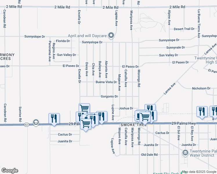 map of restaurants, bars, coffee shops, grocery stores, and more near 6233 Abronia Avenue in Twentynine Palms