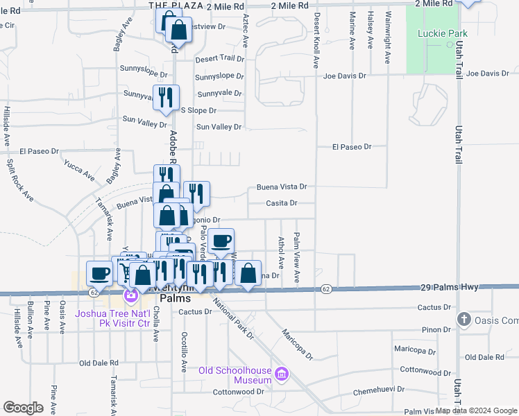map of restaurants, bars, coffee shops, grocery stores, and more near 73933 Casita Drive in Twentynine Palms