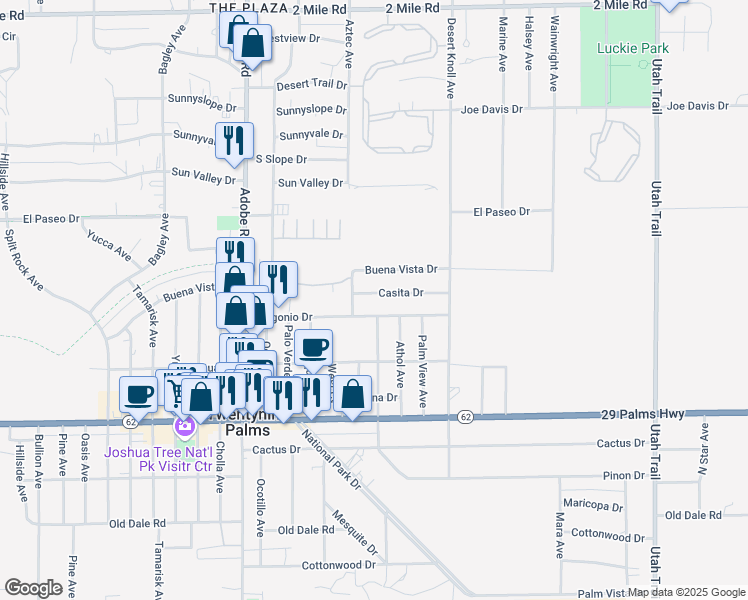 map of restaurants, bars, coffee shops, grocery stores, and more near 73945 Casita Drive in Twentynine Palms
