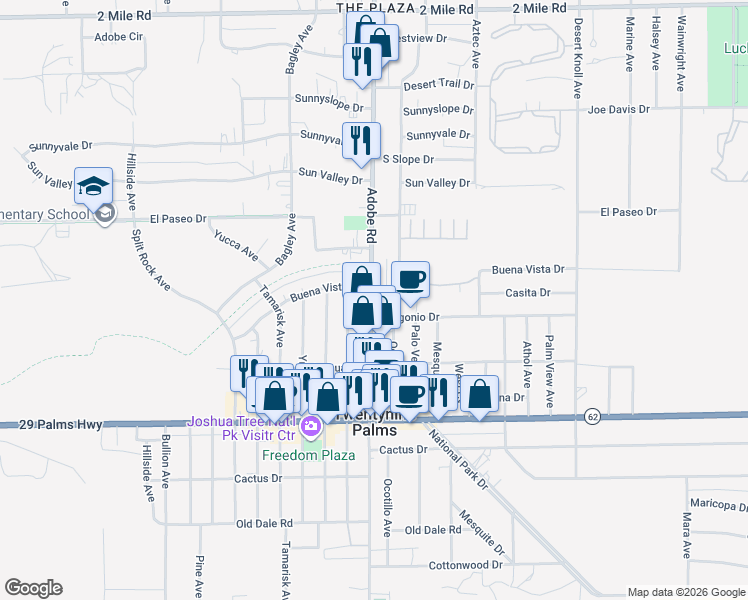 map of restaurants, bars, coffee shops, grocery stores, and more near 6262 Adobe Road in Twentynine Palms