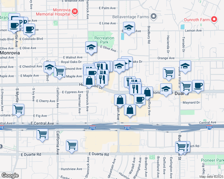 map of restaurants, bars, coffee shops, grocery stores, and more near 831 East Huntington Drive in Monrovia