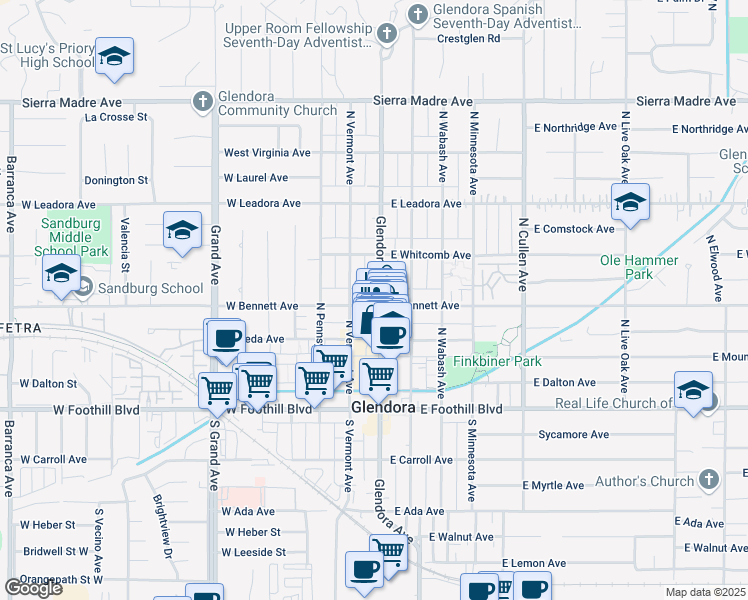 map of restaurants, bars, coffee shops, grocery stores, and more near 101 West Bennett Avenue in Glendora