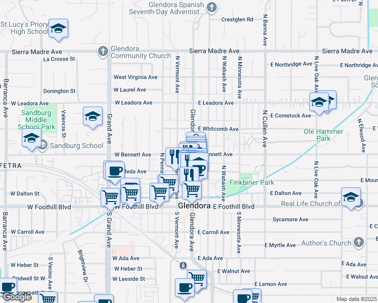 map of restaurants, bars, coffee shops, grocery stores, and more near 101 West Bennett Avenue in Glendora