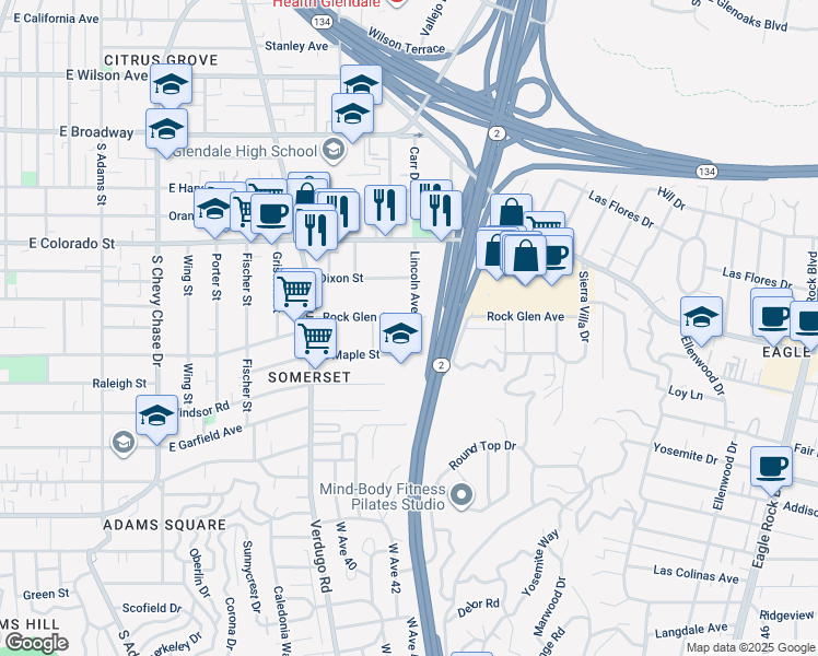 map of restaurants, bars, coffee shops, grocery stores, and more near 521 Lincoln Avenue in Glendale