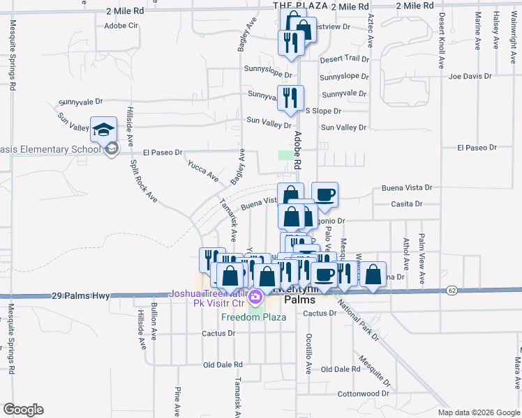 map of restaurants, bars, coffee shops, grocery stores, and more near 6262 Smoketree Avenue in Twentynine Palms