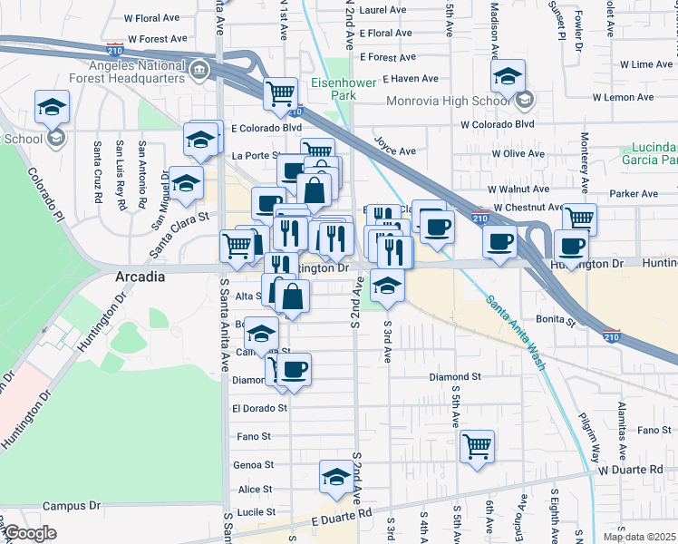 map of restaurants, bars, coffee shops, grocery stores, and more near 166 West Historic Route 66 in Arcadia