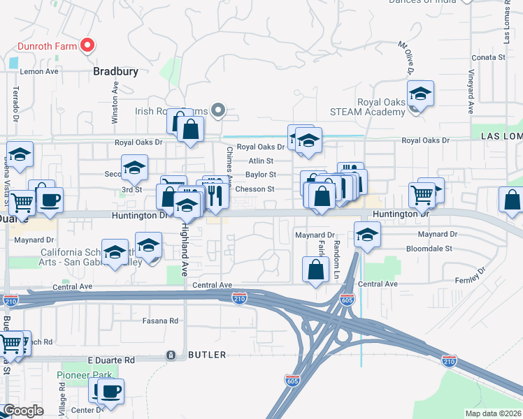 map of restaurants, bars, coffee shops, grocery stores, and more near 2005 Windsor Circle in Duarte