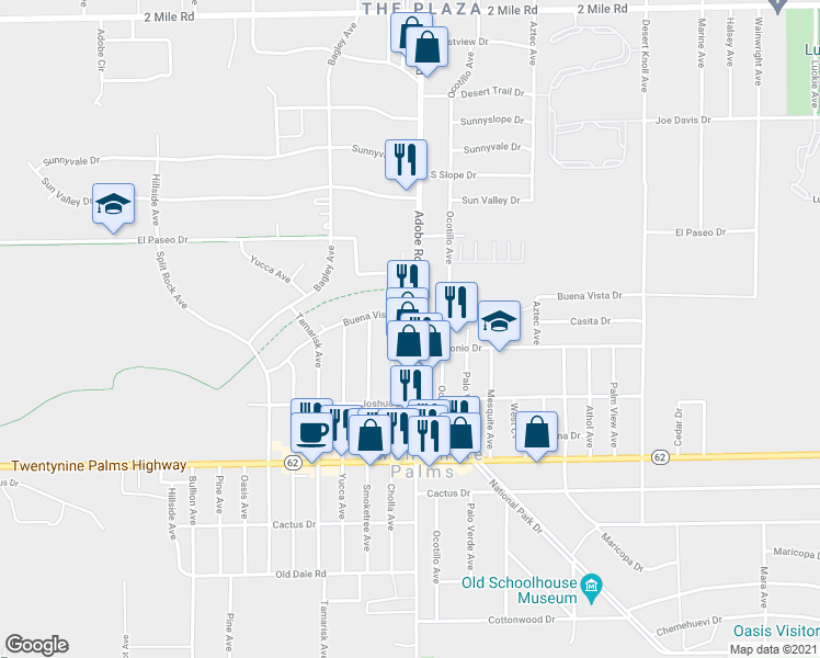 map of restaurants, bars, coffee shops, grocery stores, and more near 6260 Adobe Road in Twentynine Palms