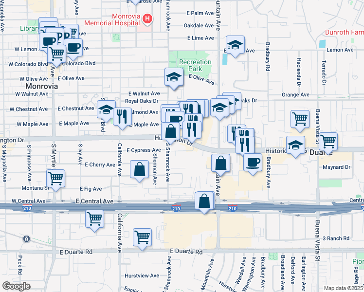 map of restaurants, bars, coffee shops, grocery stores, and more near 724 East Huntington Drive in Monrovia