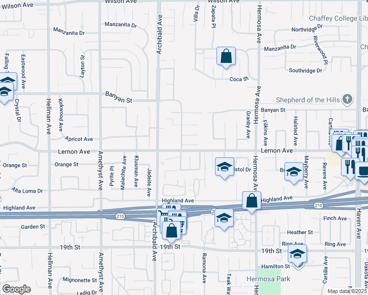 map of restaurants, bars, coffee shops, grocery stores, and more near 9807 Cypress Court in Rancho Cucamonga