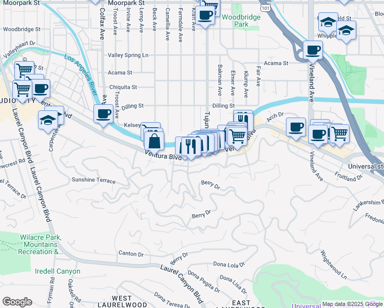 map of restaurants, bars, coffee shops, grocery stores, and more near 11441 Ventura Boulevard in Los Angeles