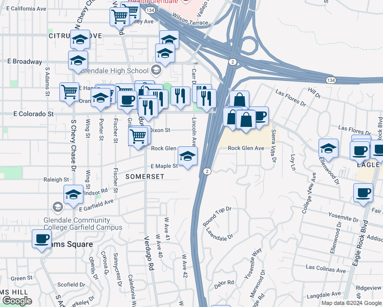 map of restaurants, bars, coffee shops, grocery stores, and more near 521 Lincoln Avenue in Glendale