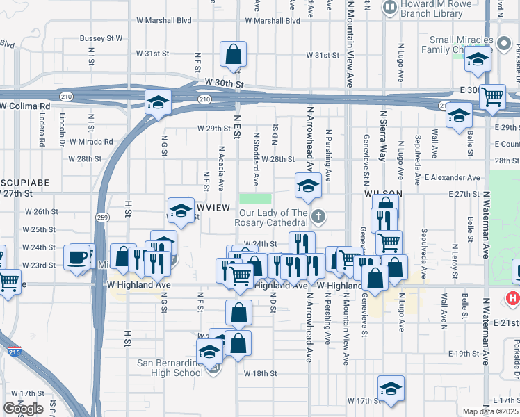 map of restaurants, bars, coffee shops, grocery stores, and more near 2640 North D Street in San Bernardino