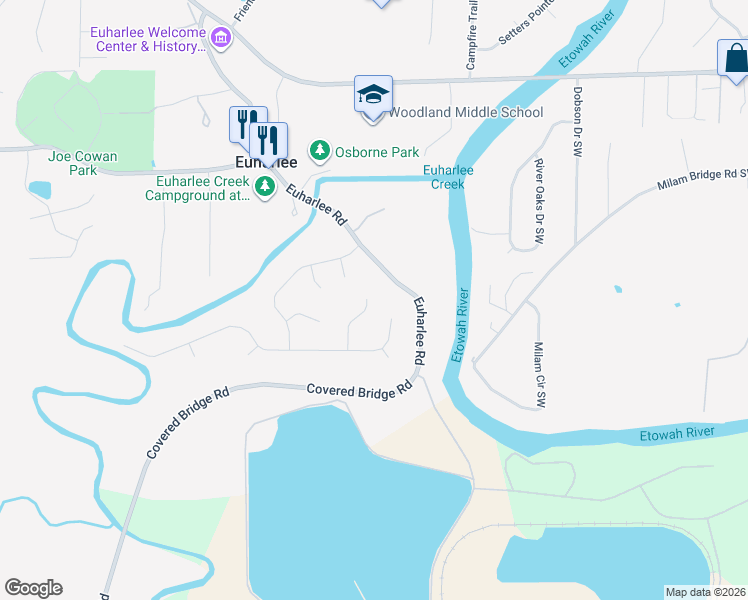map of restaurants, bars, coffee shops, grocery stores, and more near 24 Pebble Brook Court Southwest in Euharlee