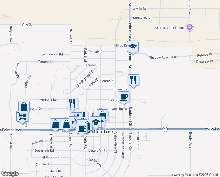 map of restaurants, bars, coffee shops, grocery stores, and more near 61966 Plaza Road in Joshua Tree