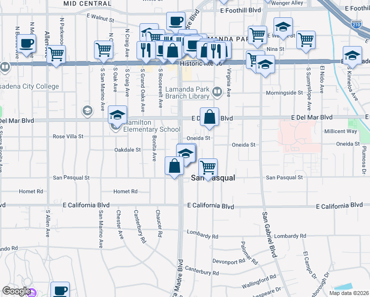 map of restaurants, bars, coffee shops, grocery stores, and more near 350 South Sierra Madre Boulevard in Pasadena