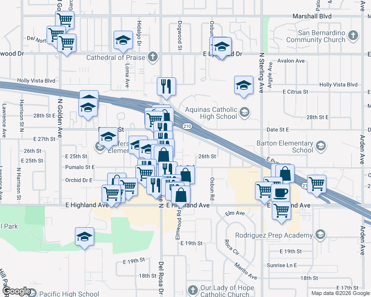 map of restaurants, bars, coffee shops, grocery stores, and more near 2643 Taylor Road in San Bernardino