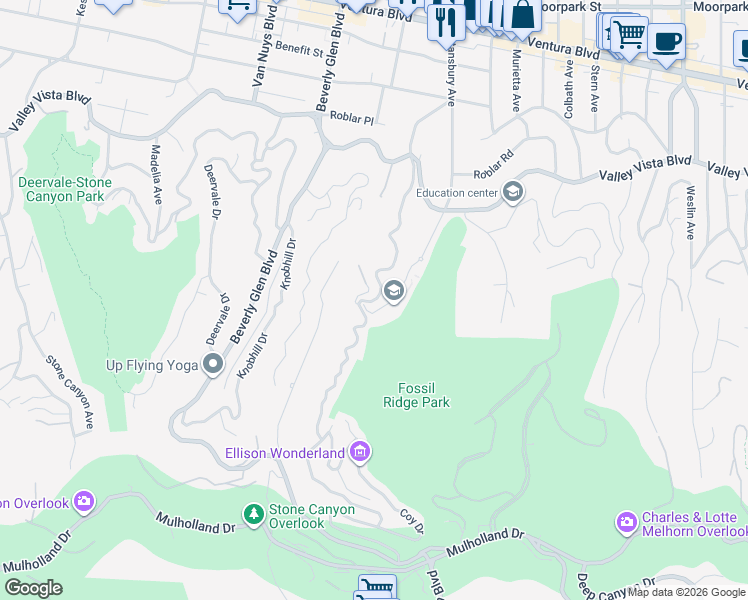 map of restaurants, bars, coffee shops, grocery stores, and more near Camino de la Cumbre in Los Angeles