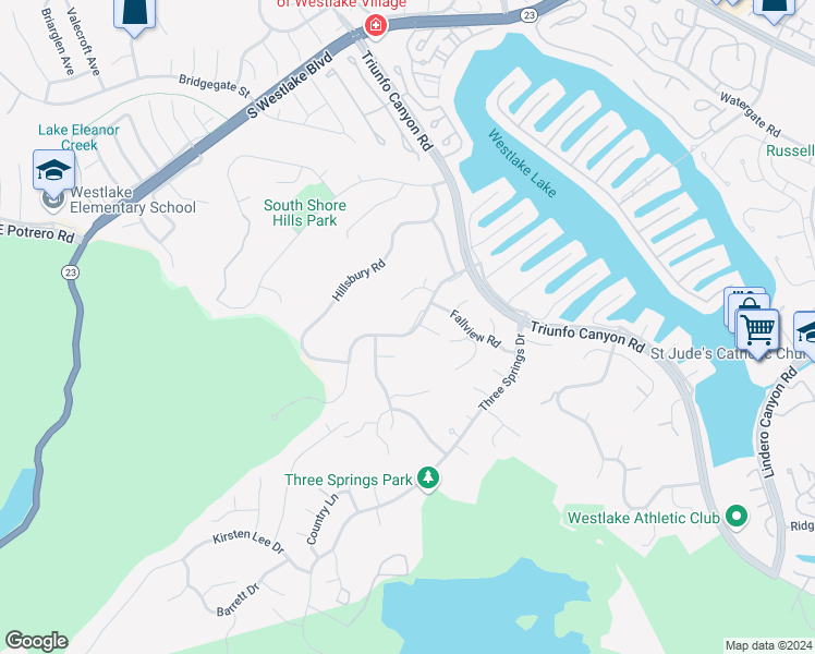 map of restaurants, bars, coffee shops, grocery stores, and more near 2227 Highgate Road in Westlake Village