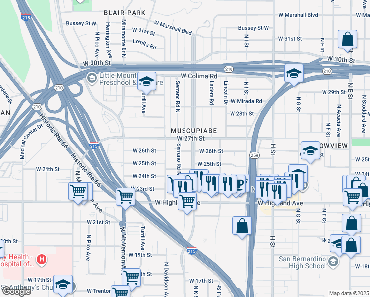 map of restaurants, bars, coffee shops, grocery stores, and more near 1136 West 26th Street in San Bernardino