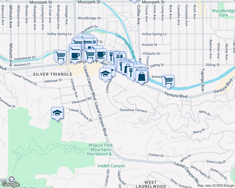 map of restaurants, bars, coffee shops, grocery stores, and more near 3843 Reklaw Drive in Los Angeles