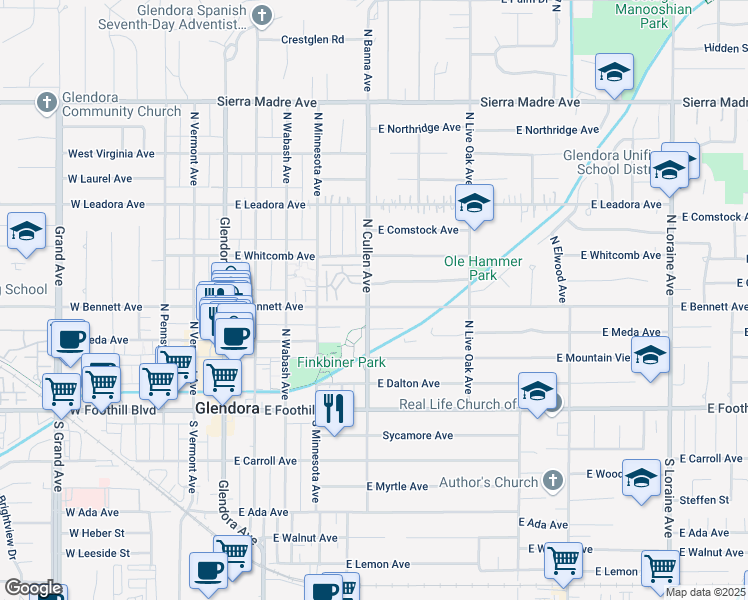 map of restaurants, bars, coffee shops, grocery stores, and more near 503 East Bennett Avenue in Glendora