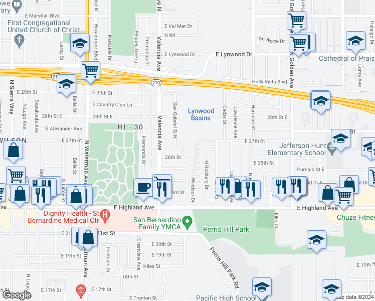 map of restaurants, bars, coffee shops, grocery stores, and more near 2665 La Veta Street in San Bernardino