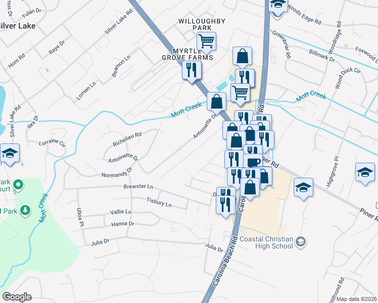 map of restaurants, bars, coffee shops, grocery stores, and more near 5308 Carolina Beach Road in Wilmington