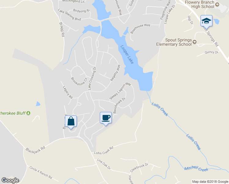 map of restaurants, bars, coffee shops, grocery stores, and more near 8084 Sleepy Lagoon Way in Flowery Branch