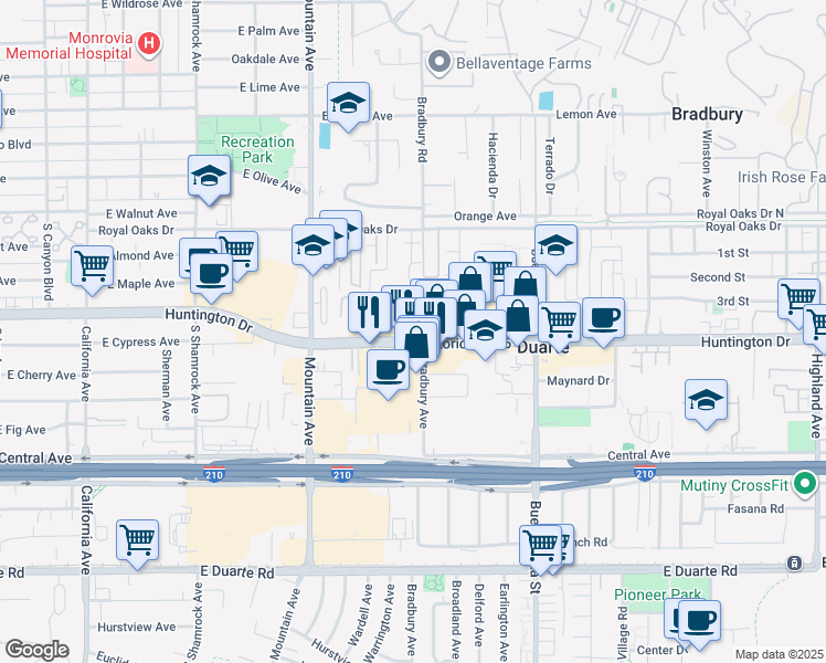 map of restaurants, bars, coffee shops, grocery stores, and more near 1043 East Huntington Drive in Monrovia