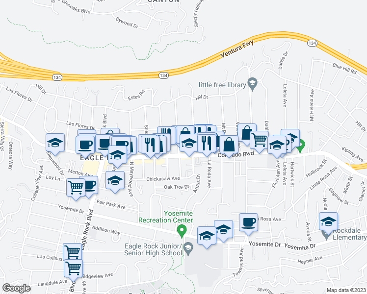 map of restaurants, bars, coffee shops, grocery stores, and more near 5116 Hermosa Avenue in Los Angeles