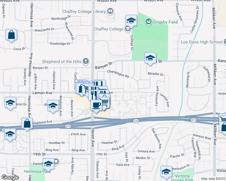map of restaurants, bars, coffee shops, grocery stores, and more near 10635 Concannon Street in Rancho Cucamonga