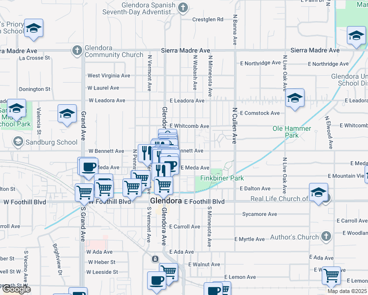 map of restaurants, bars, coffee shops, grocery stores, and more near 201 East Bennett Avenue in Glendora