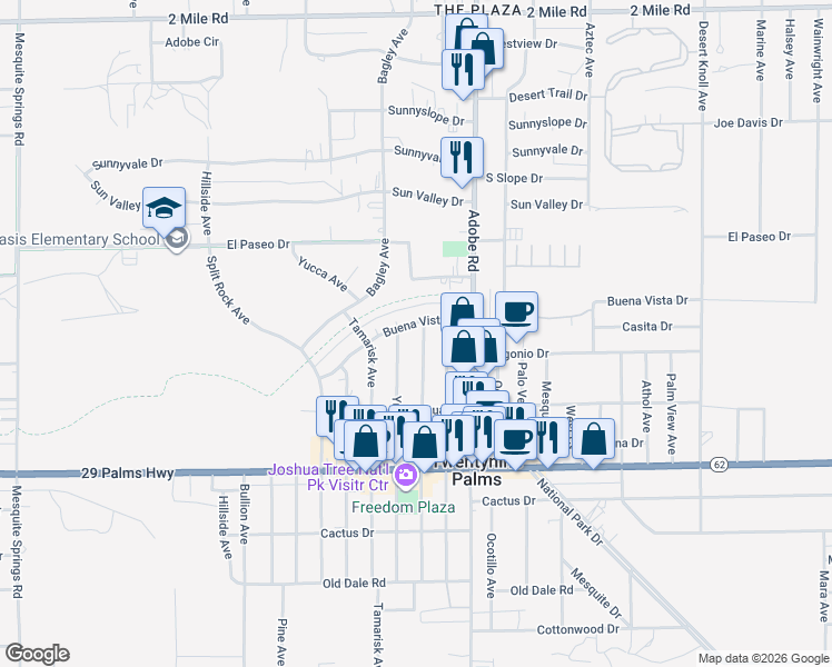 map of restaurants, bars, coffee shops, grocery stores, and more near 6262 Smoketree Avenue in Twentynine Palms