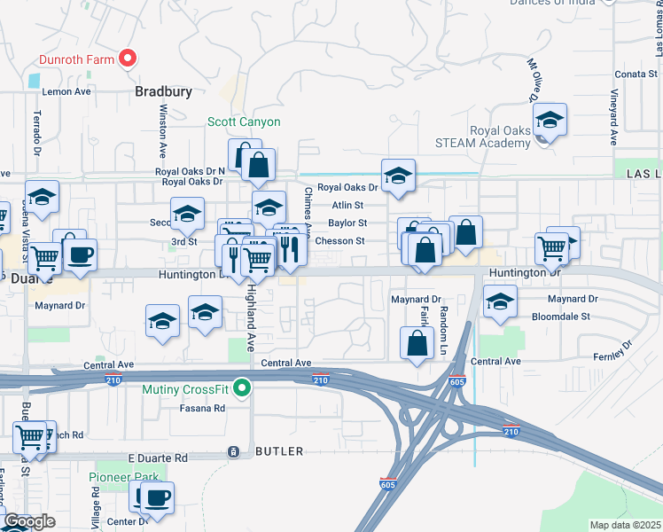 map of restaurants, bars, coffee shops, grocery stores, and more near 1937 Huntington Drive in Duarte