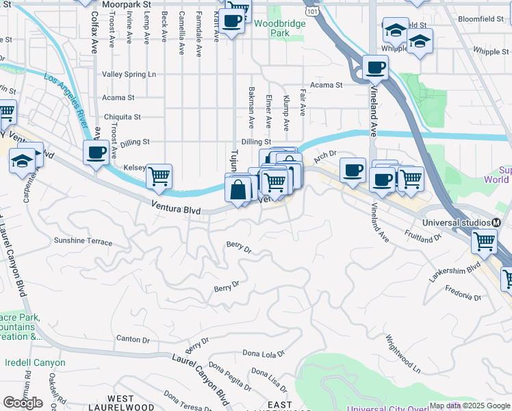 map of restaurants, bars, coffee shops, grocery stores, and more near 11336 Ventura Boulevard in Los Angeles