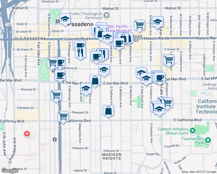 map of restaurants, bars, coffee shops, grocery stores, and more near 500 East Del Mar Boulevard in Pasadena