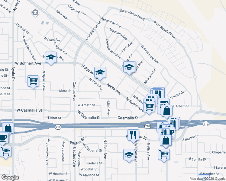 map of restaurants, bars, coffee shops, grocery stores, and more near 6288 Apple Avenue in Rialto