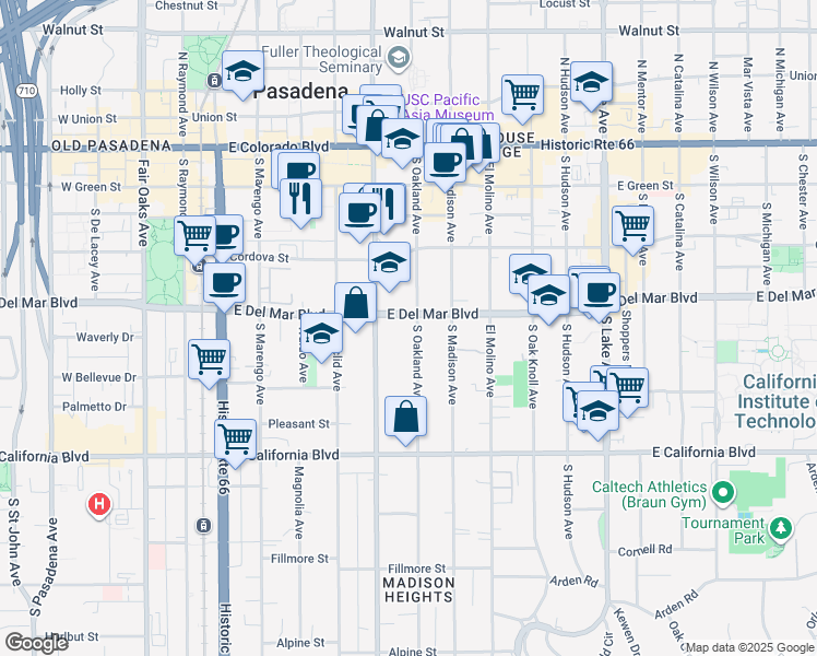 map of restaurants, bars, coffee shops, grocery stores, and more near 500 East Del Mar Boulevard in Pasadena