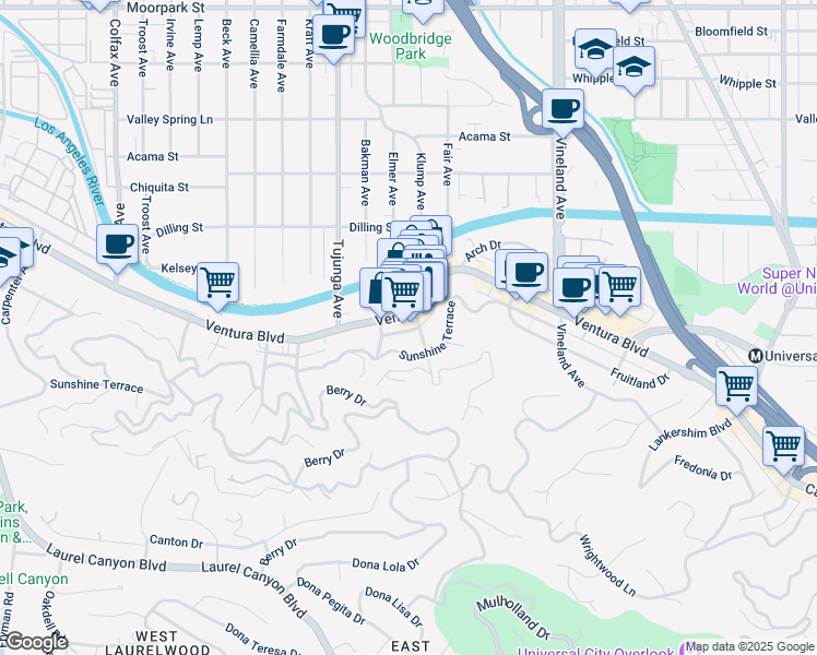 map of restaurants, bars, coffee shops, grocery stores, and more near 3968 Eureka Drive in Los Angeles