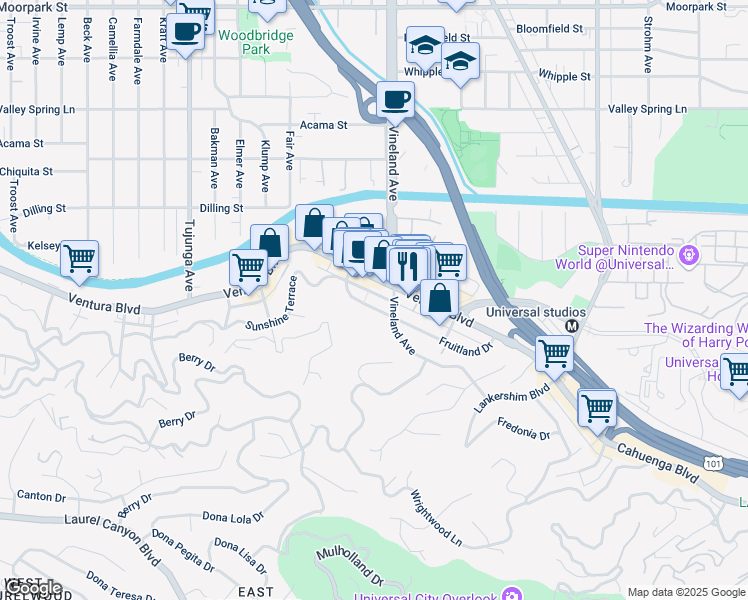 map of restaurants, bars, coffee shops, grocery stores, and more near 11023 Fruitland Drive in Los Angeles