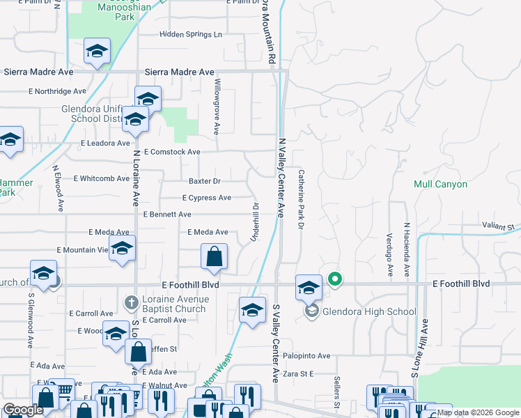 map of restaurants, bars, coffee shops, grocery stores, and more near 1449 East Bennett Avenue in Glendora