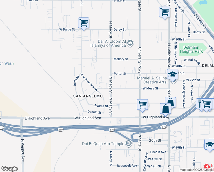 map of restaurants, bars, coffee shops, grocery stores, and more near 2410 North Macy Street in Muscoy