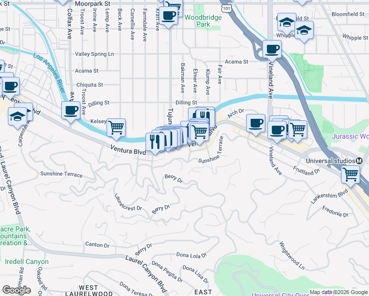 map of restaurants, bars, coffee shops, grocery stores, and more near 11354 Ventura Boulevard in Los Angeles