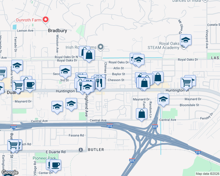 map of restaurants, bars, coffee shops, grocery stores, and more near 1931 East Huntington Drive in Duarte