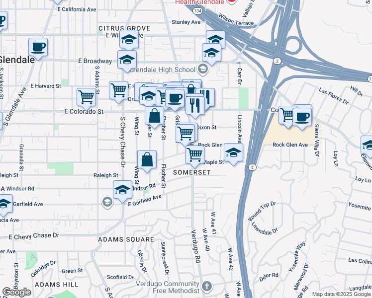 map of restaurants, bars, coffee shops, grocery stores, and more near 520 Griswold Street in Glendale
