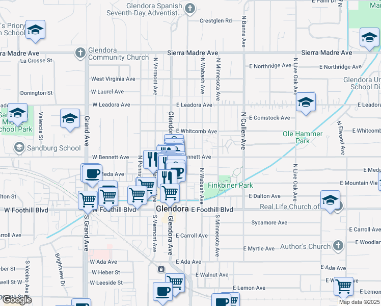 map of restaurants, bars, coffee shops, grocery stores, and more near 201 East Bennett Avenue in Glendora